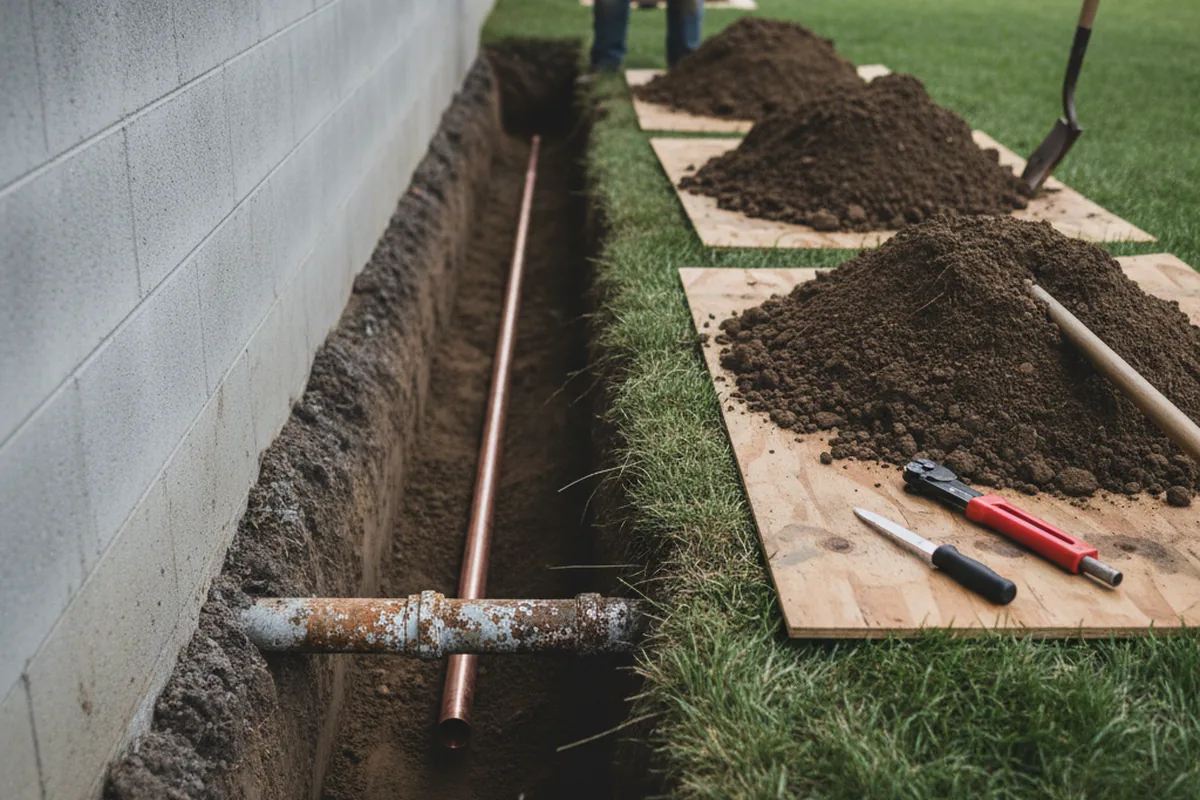Excavated water line trench during Sewer Line Repair in Waupun
